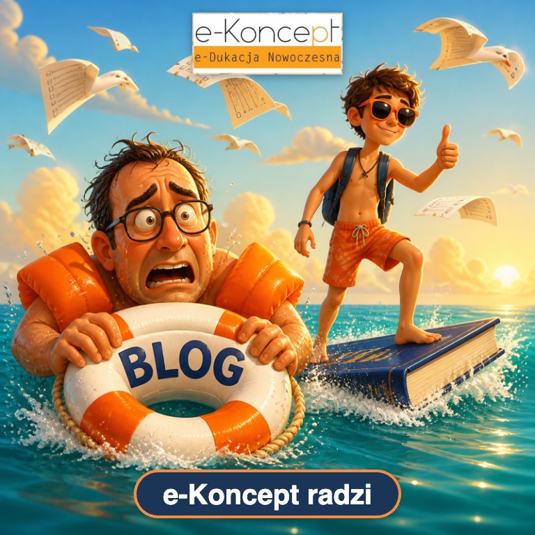 Blog e-Koncept radzi – rodzic w rękawkach trzyma się koła ratunkowego BLOG, a nastolatek surfuje na podręczniku